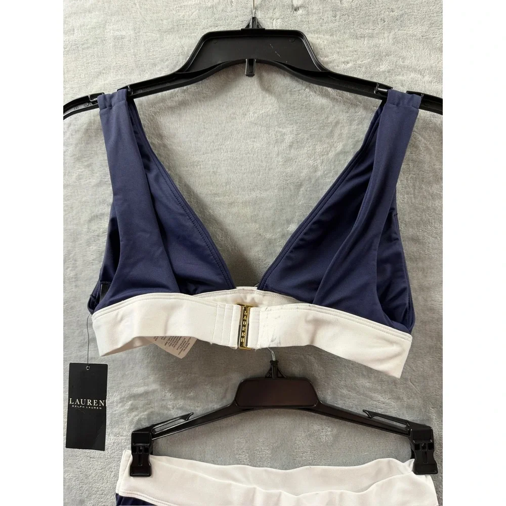 Lauren Ralph Lauren Womens Navy Blue White Bikini Set High Waist Swimsuit Sz 6